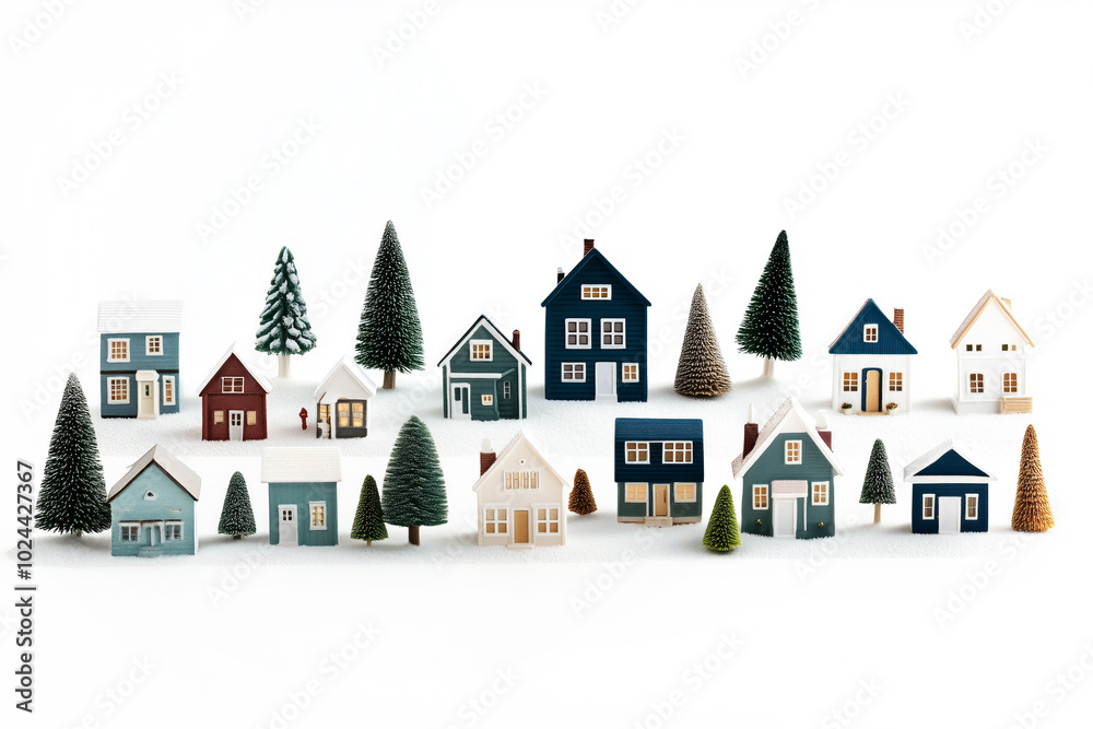 Miniature winter village with various houses, trees, and figurines on a white snowy background. Festive holiday decor Miniature winter village with various houses, trees, and figurines on a white snowy background. Festive holiday decor