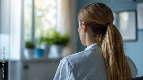 A health counselor sits calmly in a well-lit office, focusing on the surroundings while preparing for a session with a client. The atmosphere promotes psychological well-being, copy space