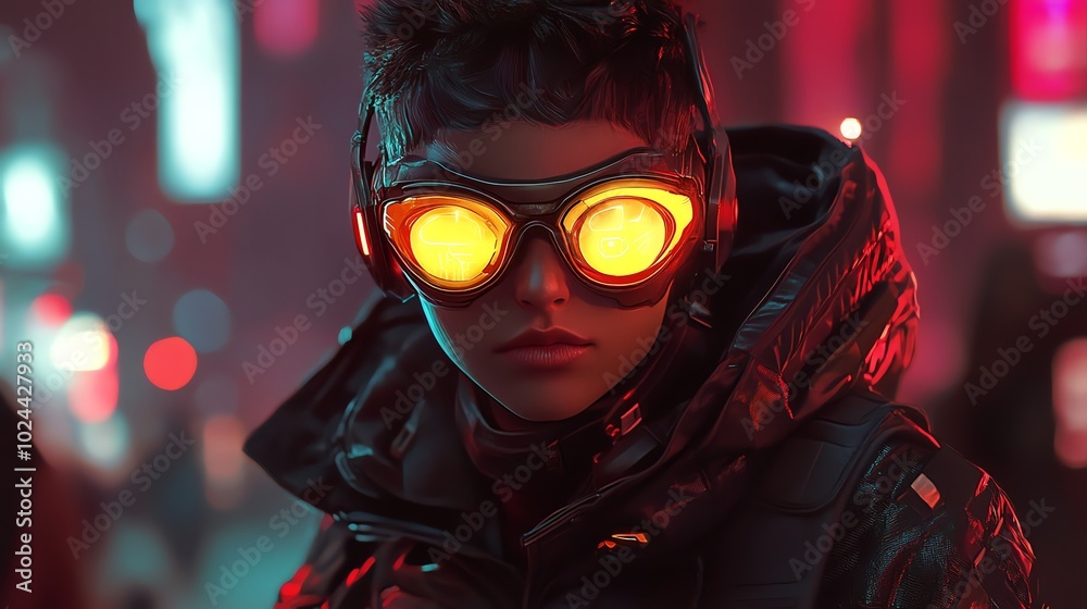 Cyberpunk woman with goggles and headphones standing in a city at night. Cyberpunk woman with goggles and headphones standing in a city at night.
