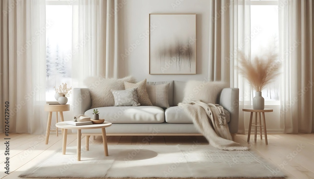 Fototapeta premium Minimalist living room with a soft neutral color palette, cozy cushions, and natural light. Elegant Scandinavian-inspired decor featuring warm textures, a plush sofa, and decorative plants.