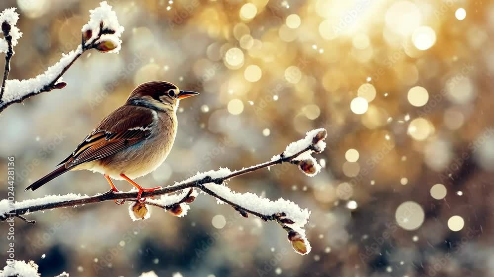 A small bird perches on a snow-covered branch in the winter