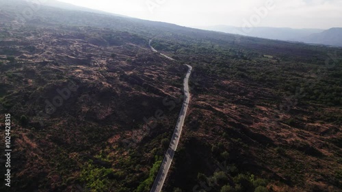 Aerial of a Single Lonely Road in Sicily, Italy during Sunset photo