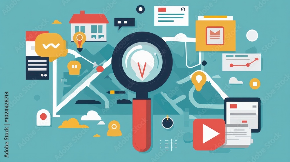 SEO tools for local business vector illustration, focusing on optimizing listings and improving search visibility SEO tools for local business vector illustration, focusing on optimizing listings and improving search visibility
