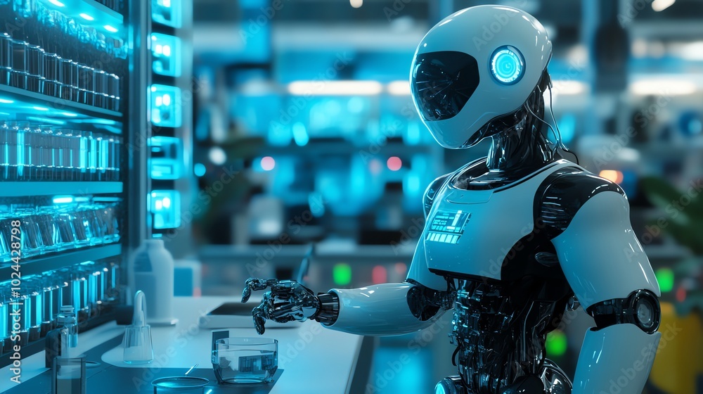 A futuristic robot carefully handles a glass container in a laboratory.