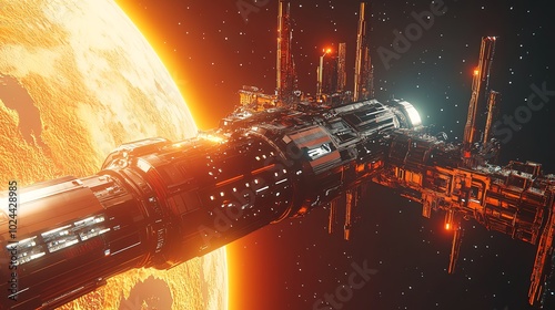 A futuristic spaceship flies past a fiery, glowing planet.