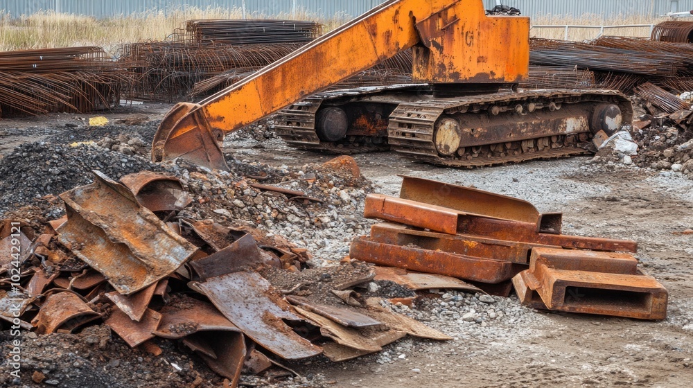 A pile of rusty scrap metal and a construction excavator in the A pile of rusty scrap metal and a construction excavator in the