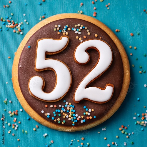 Decorated cookie, number 52, image for birthday or anniversary celebration