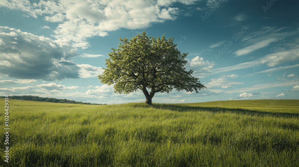 Wide-open field with a lone tree standing in the middle against a blue sky Wide-open field with a lone tree standing in the middle against a blue sky