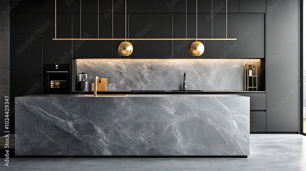 A modern kitchen with sleek black cabinets, gold fixtures, and an elegant marble island in the center A modern kitchen with sleek black cabinets, gold fixtures, and an elegant marble island in the center