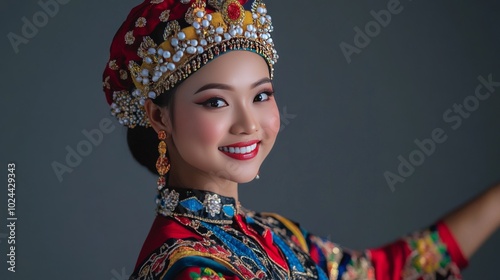 Headshot of smiling Malay traditional dancer in costume on gray. photo