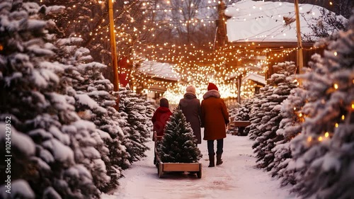 Family picks out a Christmas tree at a snow-covered tree farm, illuminated by festive lights, capturing the joy and tradition of holiday preparations. Video made using Generative AI photo