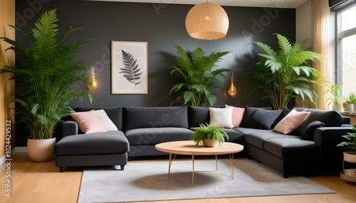A modern European living room with an emphasis on sleek, minimalist furniture. A large cream sectional sofa sits on a beige carpet, complemented by potted plants placed in the corners. Soft, diffused 