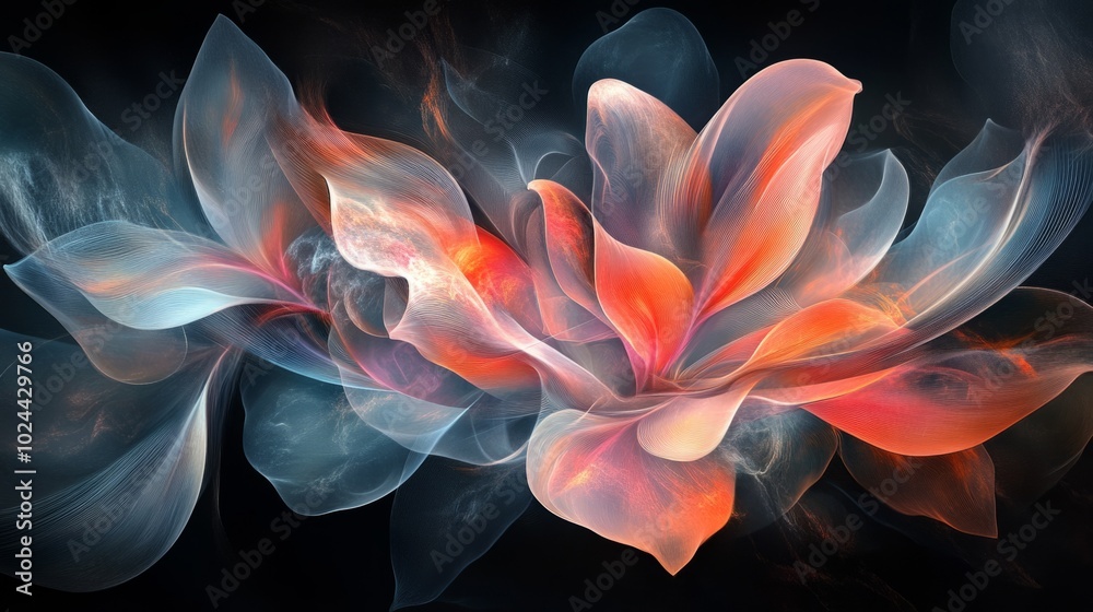 A painting of a flower with blue and orange petals