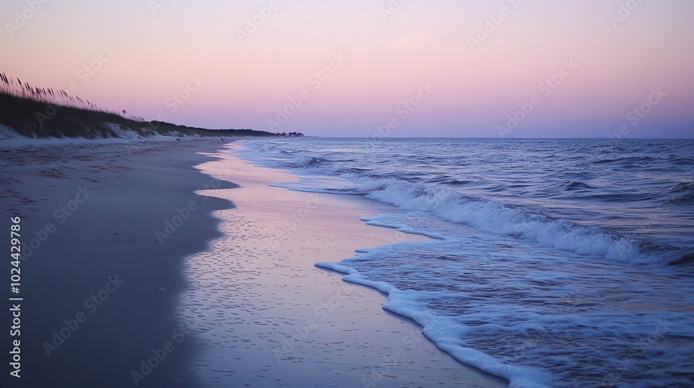 A peaceful beach scene with calm waves lapping at the shore under a soft pink and purple sunset sky. A peaceful beach scene with calm waves lapping at the shore under a soft pink and purple sunset sky.