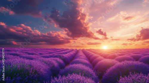 Rolling field of vibrant lavender stretching toward the horizon under a sunset sky