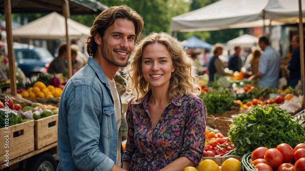 Smiling Couple Enjoying a Day at the Farmers Market Surrounded by Fresh Produce and Vegetables Smiling Couple Enjoying a Day at the Farmers Market Surrounded by Fresh Produce and Vegetables