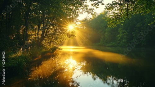 Golden sunlight streams through a forest, reflecting in a still lake, creating a peaceful and magical atmosphere.