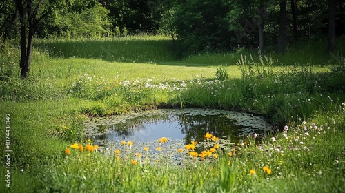 A small pond surrounded by lush green grass and wildflowers.