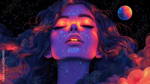 Abstract Psychedelic Girl Face in Hippy Pop Art Style with Hallucinatory Patterns