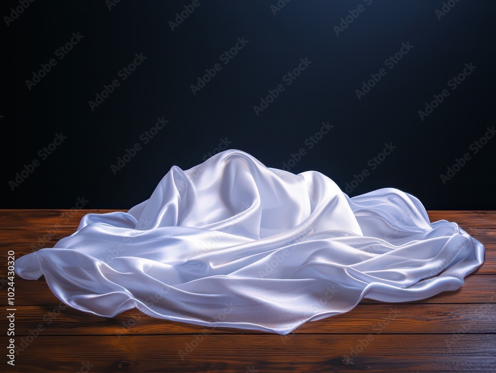 A piece of flowing fabric cascades gracefully over a rustic wooden table A piece of flowing fabric cascades gracefully over a rustic wooden table
