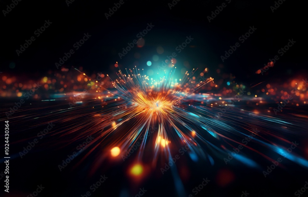 Fototapeta premium Abstract light streaks in blue and orange radiate from a central point against a dark background.