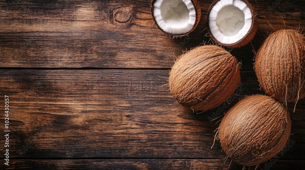 Fresh, ripe coconuts on wood. Fresh, ripe coconuts on wood.
