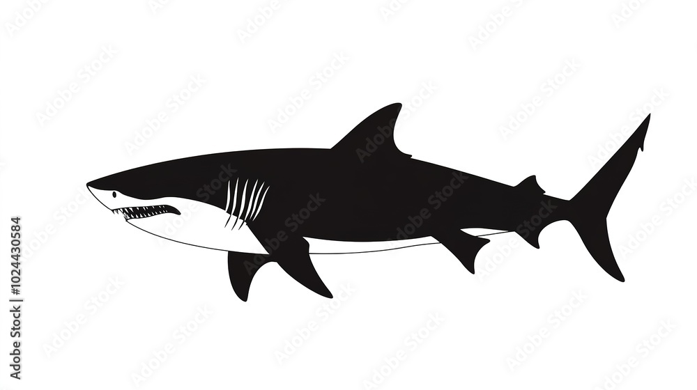 Fototapeta premium A striking vector silhouette of a shark set against a clean white background, emphasizing the sleek lines and powerful form of this majestic marine predator. The minimalist design captures the essence