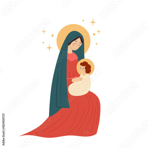 Christmas. Saint Mary with the baby Jesus. The birth of the Savior. Saints. Flat illustration on a white background.