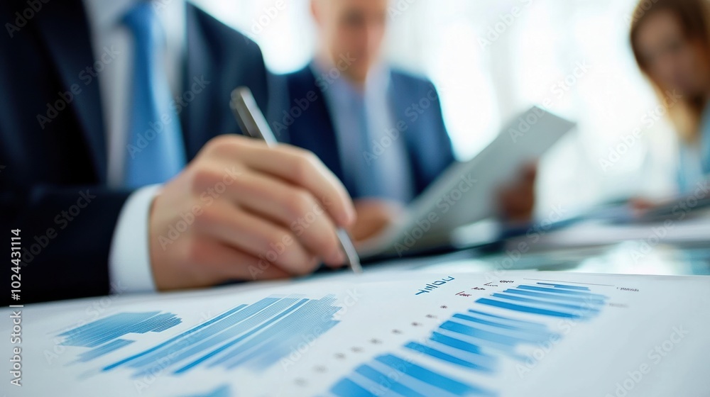 A business meeting with charts and graphs on a table, focusing on analysis and discussion.