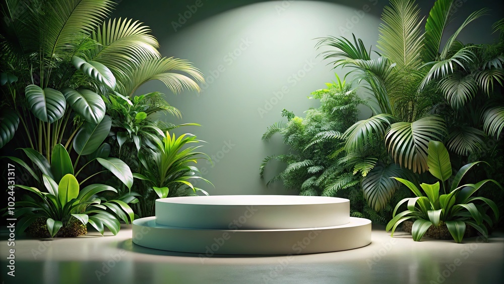 Low angle view of empty round podium surrounded by tropical plants Low angle view of empty round podium surrounded by tropical plants