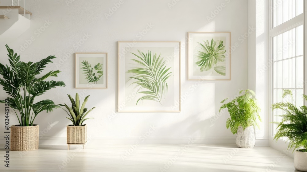White wall w/ plant-themed pictures White wall w/ plant-themed pictures