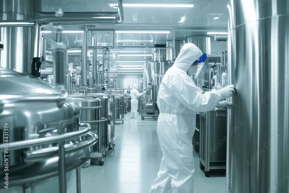A modern laboratory with a worker dressed in full protective gear is inspecting a piece of high-tech A modern laboratory with a worker dressed in full protective gear is inspecting a piece of high-tech