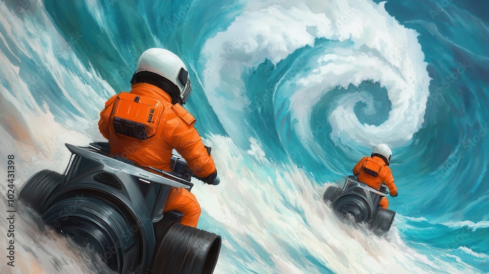 Astronauts riding jet skis on ocean waves, dynamic and adventurous scene. Astronauts riding jet skis on ocean waves, dynamic and adventurous scene.