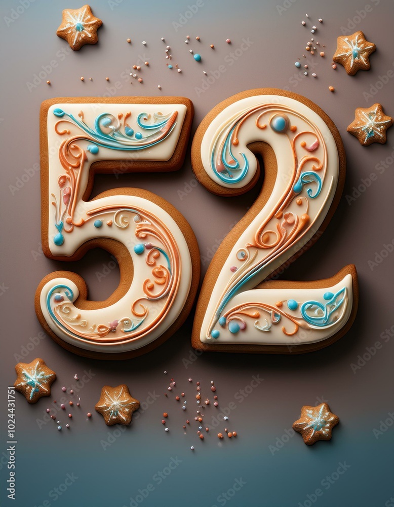 Decorated cookie, number 52, illustration for birthday or anniversary celebration Decorated cookie, number 52, illustration for birthday or anniversary celebration