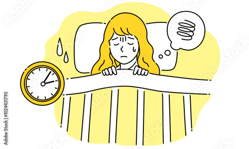 不眠症で眠れない若い女性・シンプルでポップなベクターイラスト