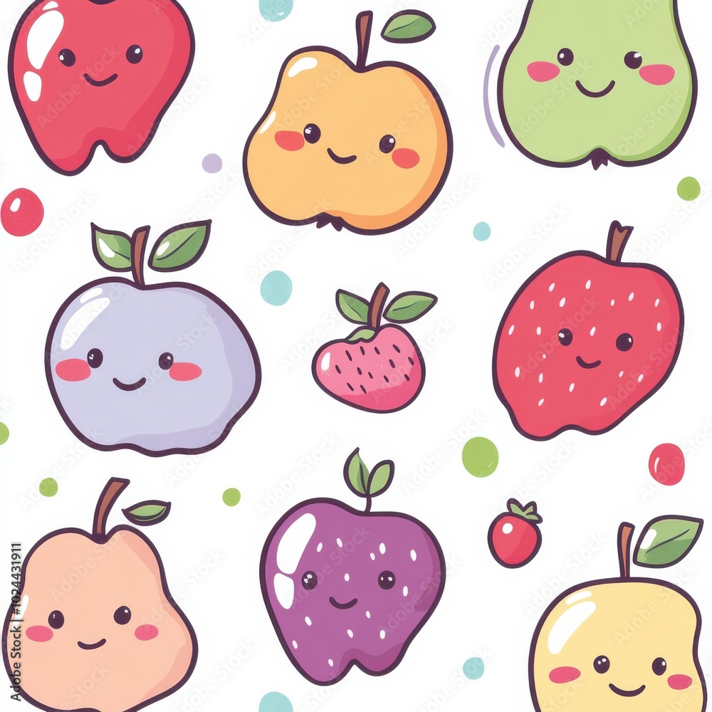 A colorful collection of cartoon fruits, including apples, pears, strawberries