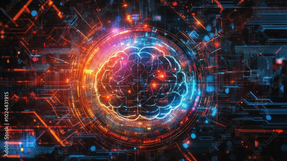 A glowing, digital brain in a futuristic, circuit board cyber background A glowing, digital brain in a futuristic, circuit board cyber background