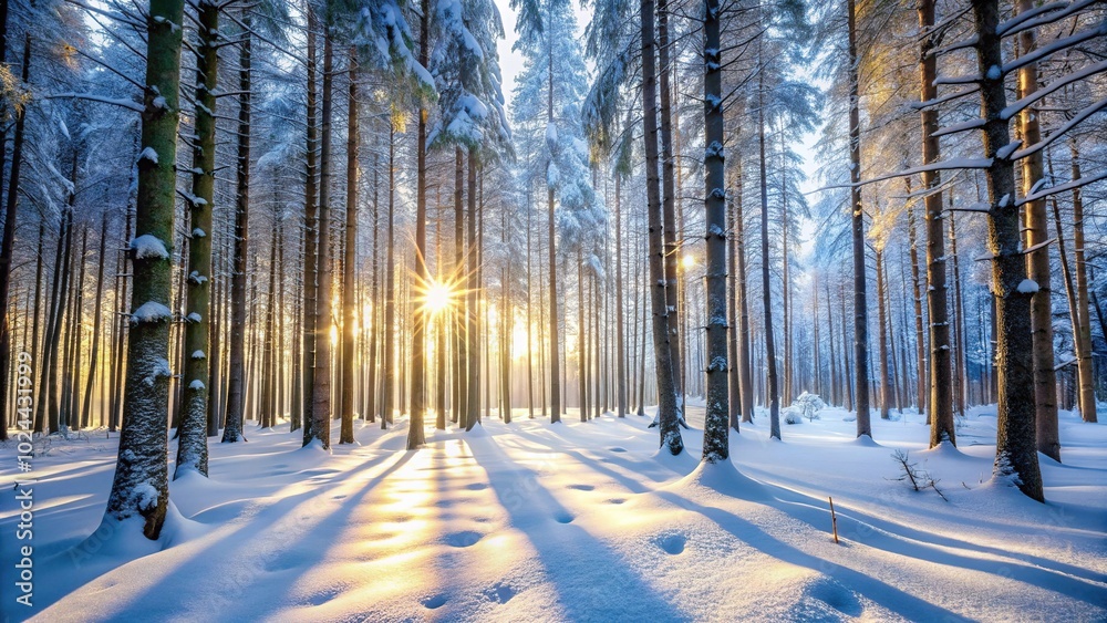 Fototapeta premium Low angle view of forest covered in white snow during early morning