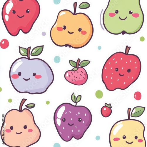 A colorful collection of cartoon fruits, including apples, pears, strawberries