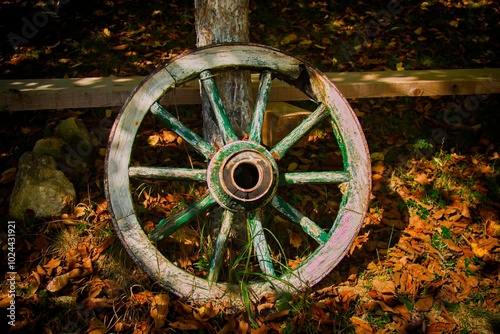 Old wooden wagon wheel at a yard