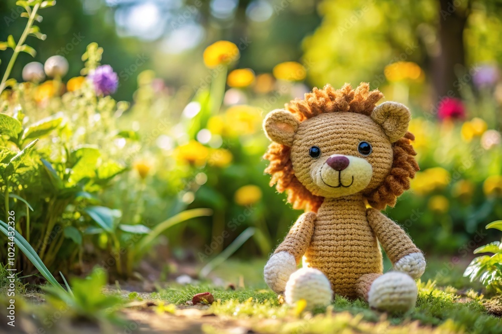 Low angle view of garden scene with crochet lion toy, highlighting handmade crafts Low angle view of garden scene with crochet lion toy, highlighting handmade crafts