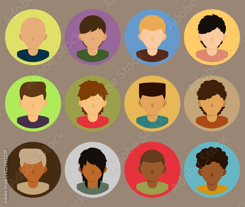 Male User Colorful Circle Profile Picture with Hair and Clothes Varieties Flat Vector Icon Set