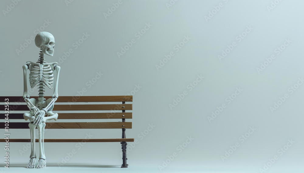 lone skeleton sits on a simple wooden bench lone skeleton sits on a simple wooden bench