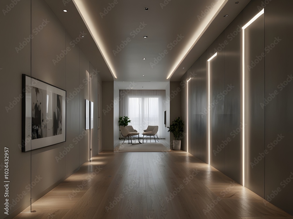 modern hallway featuring minimalist design with wooden flooring, potted plants, modern hallway featuring minimalist design with wooden flooring, potted plants,