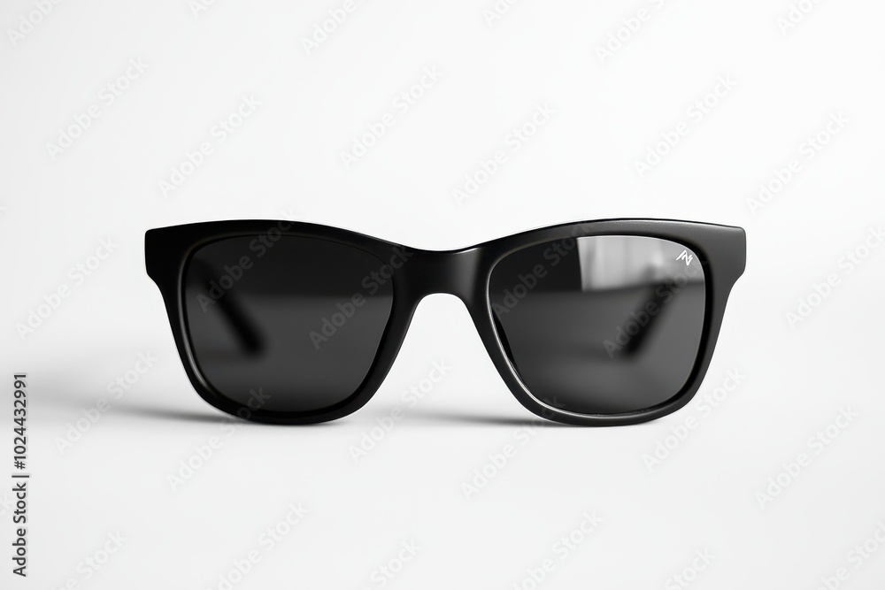 A pair of stylish black sunglasses with dark lenses, placed against a clean, white background A pair of stylish black sunglasses with dark lenses, placed against a clean, white background