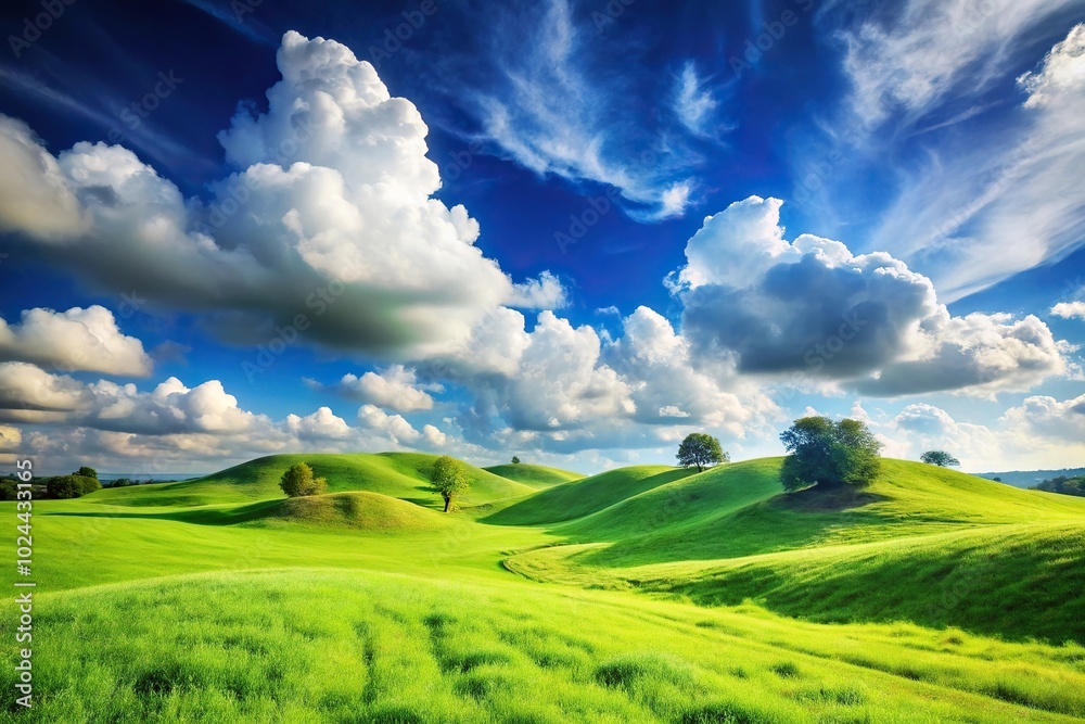 Fototapeta premium Low angle view of green meadows on small hills under a blue sky with clouds
