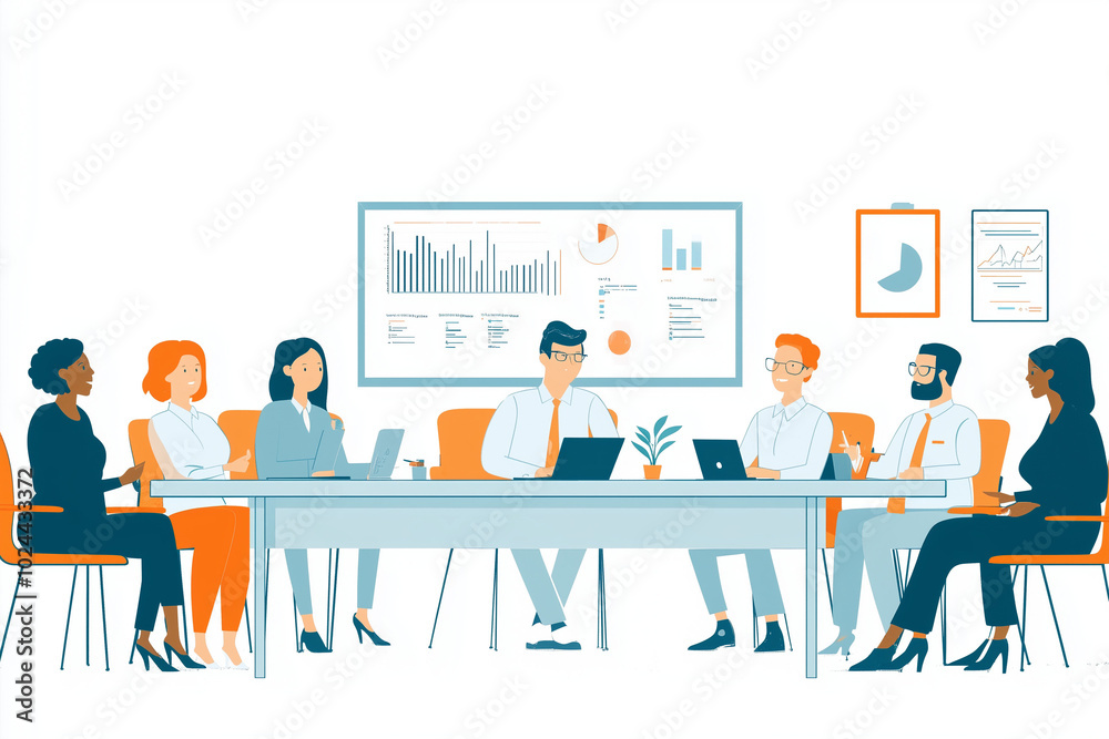 A group of diverse business people sitting around a table in a lively discussion, with a whiteboard in the background displaying charts and graphs, vector cartoon style