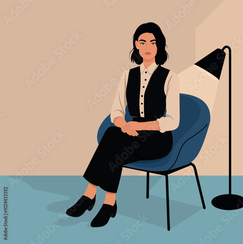 Beautiful business lady, psychologist, secretary sits in chair.