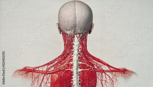 Detailed anatomical illustration of the human body's vascular system from the back view. photo