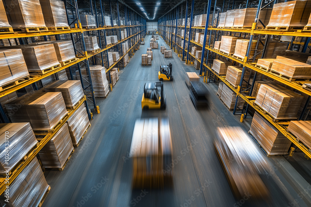 A vast industrial warehouse with rows of stacked pallets, forklifts in motion, and trucks being loaded for shipment, with copy space. A vast industrial warehouse with rows of stacked pallets, forklifts in motion, and trucks being loaded for shipment, with copy space.